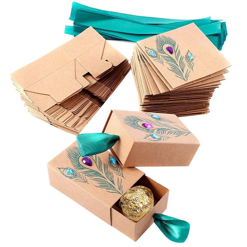 Faylapa Suitcase Candy Boxes, Party Favor Candy Box, Vintage Kraft Paper Gift Bag for Travel Theme Party,Wedding,Birthday,Bridal Shower (Peacock Feather 50pcs) - Image 1